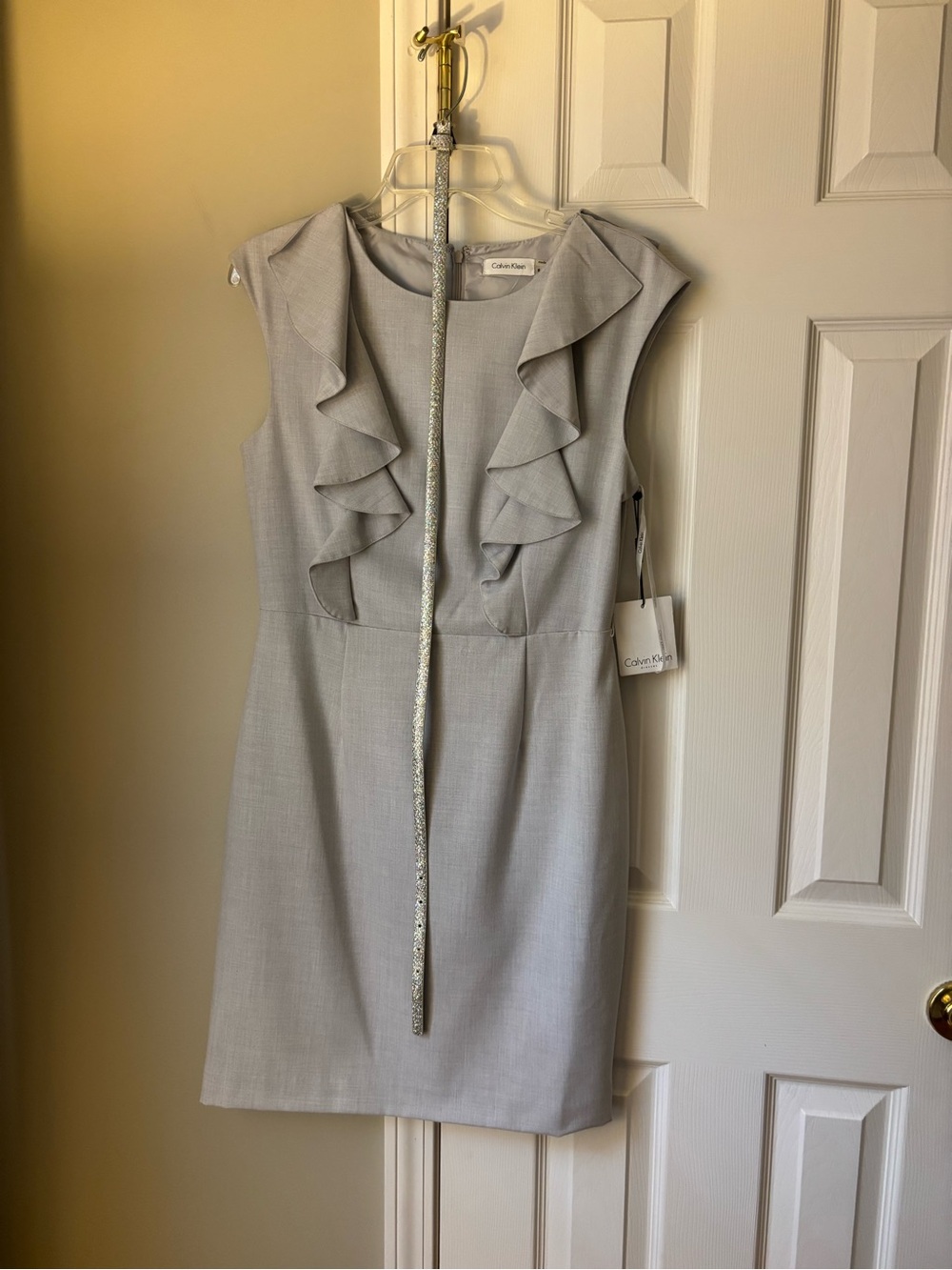Calvin Klein Light Gray Ruffle Sheath Midi Dress